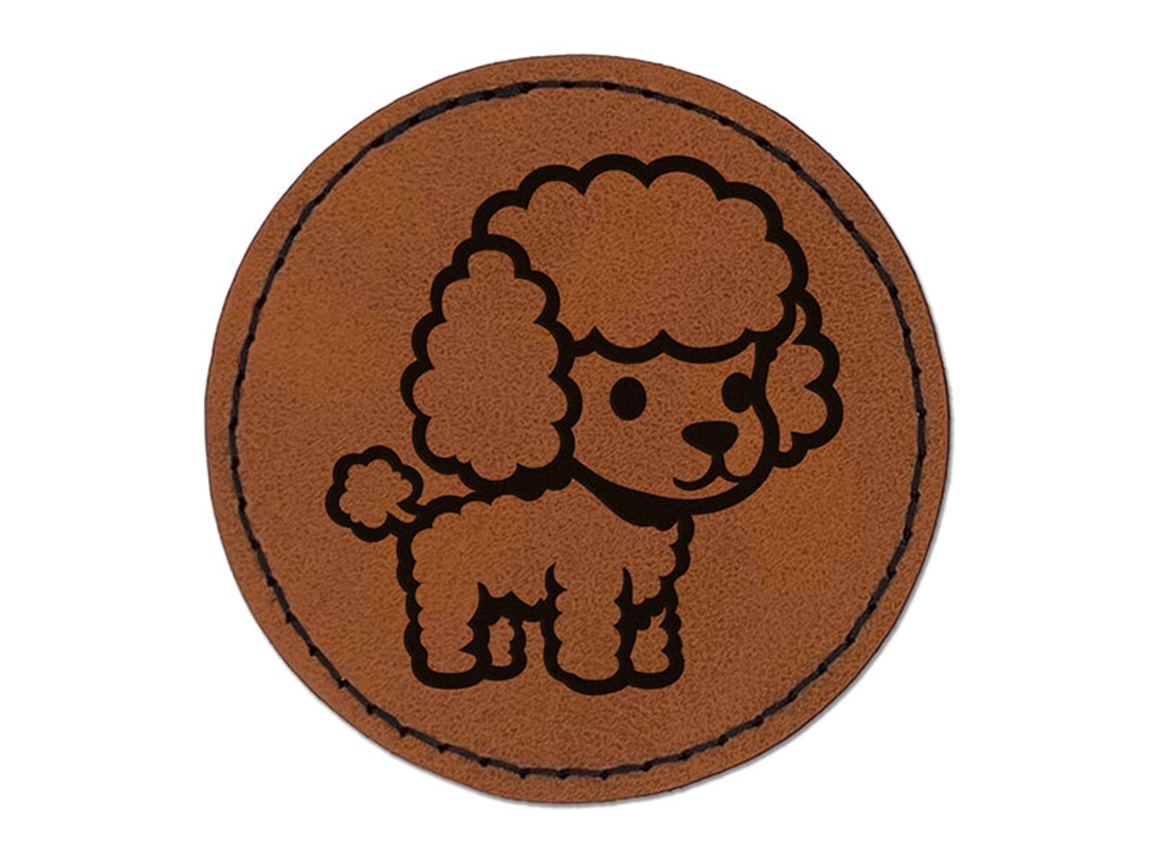 Cute and Fluffy Poodle Dog Round Iron-On Engraved Faux Leather Patch Applique - 2.5"